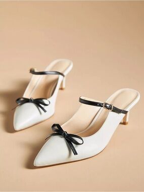 Maeve Anthropologie Bow Mule Heels Black White Pointed Toe Size 8